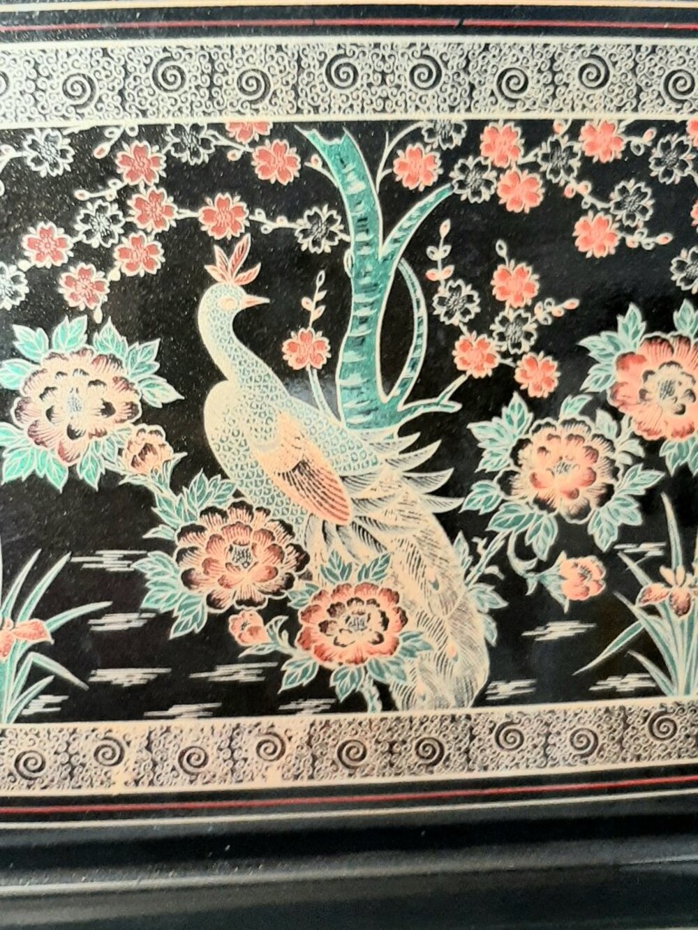 Large Peacock Motif Lacquer Serving Tray.